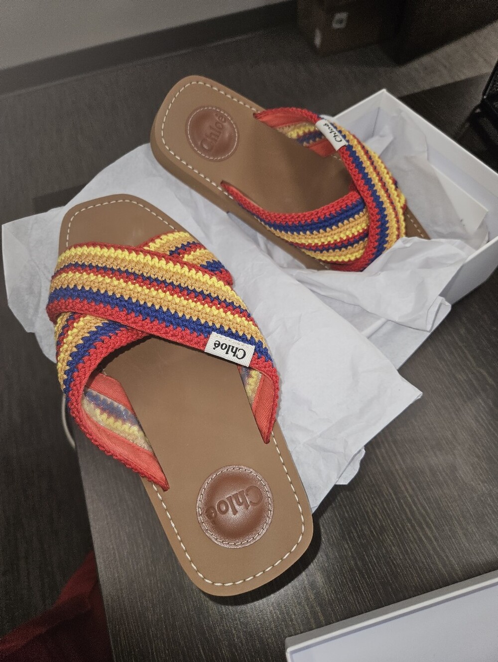 NIB CHLOE Multicolor Braided Slide Sandals — Red, Yellow & Blue